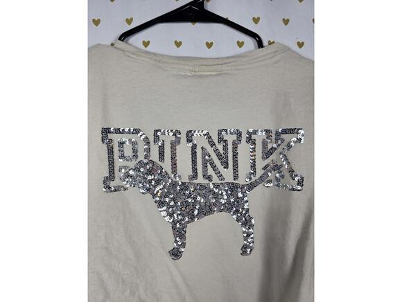 PINK Victoria's Secret Tops - Victorias Secret PINK BLING Silver Sequined dog Logo Pocket Tee Shirt LARGE